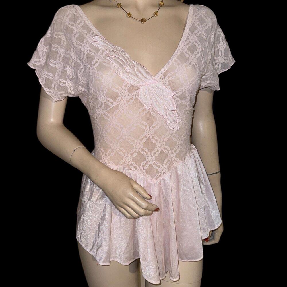 Vtg Pink Nylon Cinema Etoile Lace Top Stretch Nightgown L